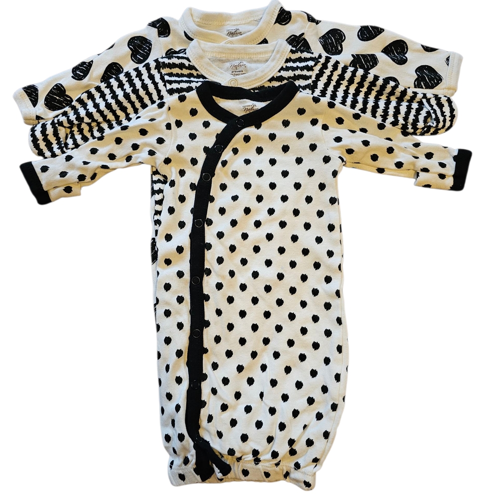 Touched by Nature Preemie Night Outfits – 3 Pack Black & White Patterns (NWOT)